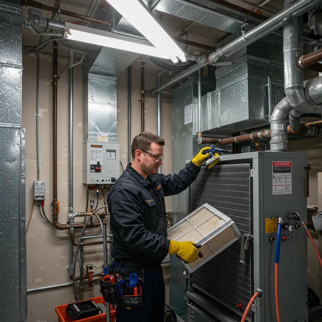 Technician performing HVAC maintenance tasks, focusing on filter replacement and coil cleaning