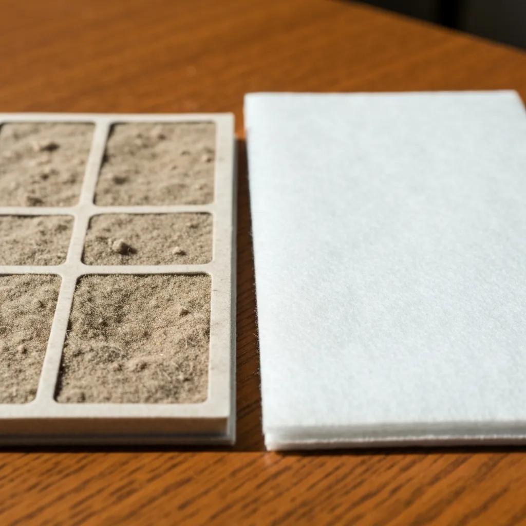 Side-by-side of dirty and clean air filters to show impact on furnace performance