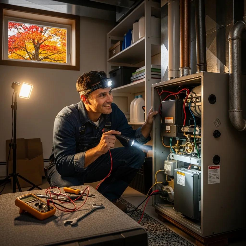 Spring AC & Fall Furnace Tune-Up Services 1 Technician inspecting a furnace in a cozy home during fall