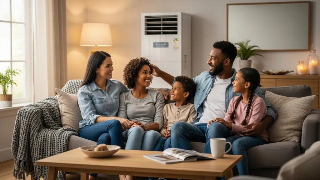 Family discussing HVAC financing in a cozy living room with a modern HVAC unit