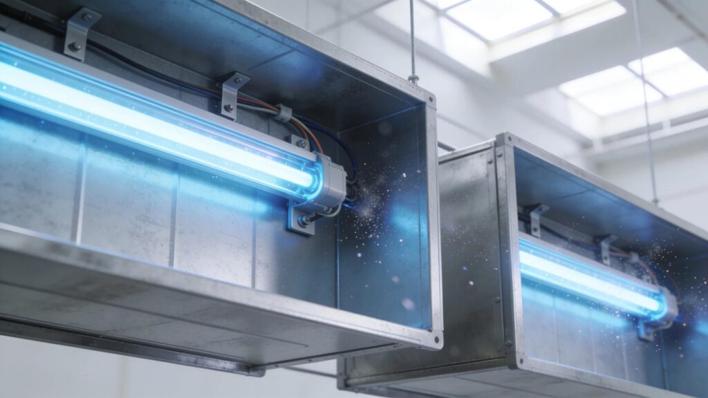 HVAC UV Light Installation for Air Sterilization 1 HVAC system showing UV-C light installation for air purification