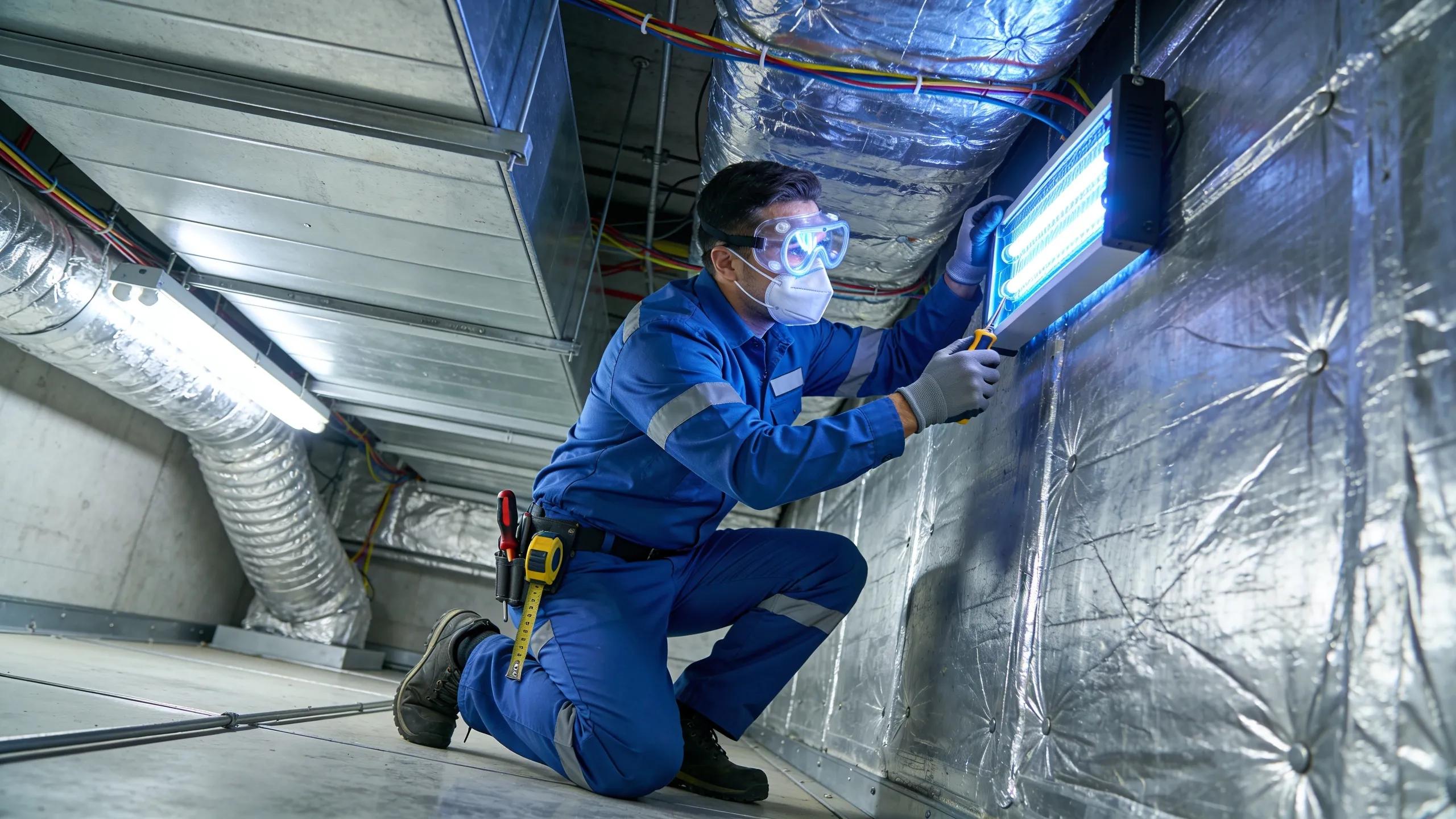 HVAC UV Light Installation for Air Sterilization 3 HVAC professional installing UV-C light following safety best practices